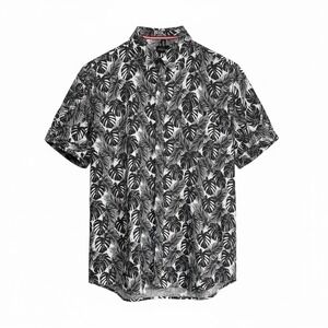 Toku Tropical Leaf Print Button Down Shirt Size L Black White Short Sleeve Men